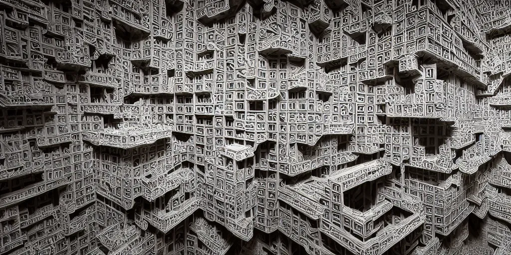 Image similar to endless menger sponge megastructure in the style of mc escher, realistic lighting, very intricate detailed photo, sharp focus, hd, 4 k