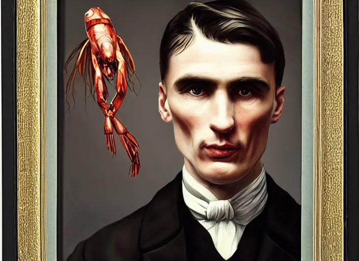 Image similar to thomas shelby with a shrimp on the head, lowbrow, matte painting, 3 - d highly detailed, in the style of mark ryden,