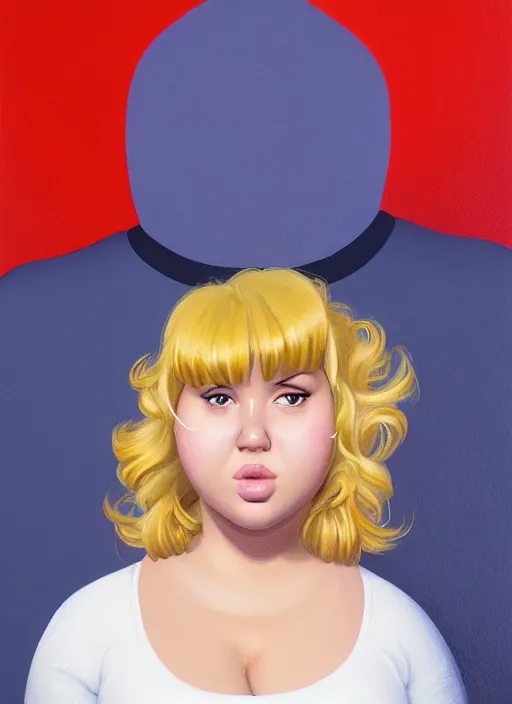 Image similar to full body portrait, teenage betty cooper, blonde hair, obese, bangs, ponytail, sultry, realistic, sultry smirk, fluffy bangs, curly bangs, fat, belly, beautiful girl, intricate, elegant, highly detailed, digital painting, artstation, concept art, smooth, sharp focus, illustration, art by wlop, mars ravelo and greg rutkowski