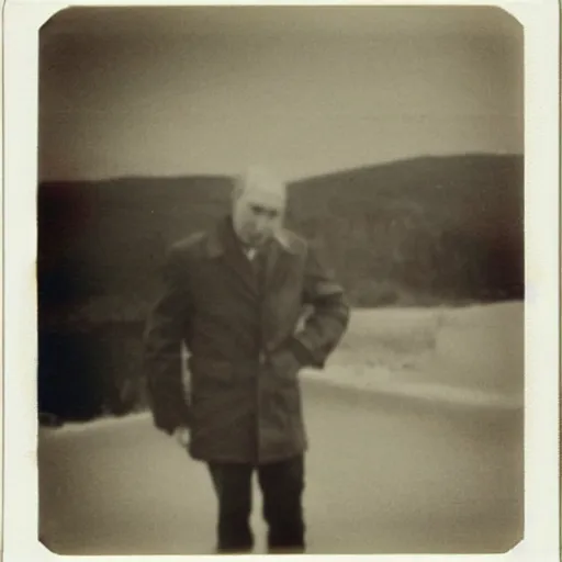 Image similar to Vladimir putin looking at an atomic bomb. polaroid. bleak.