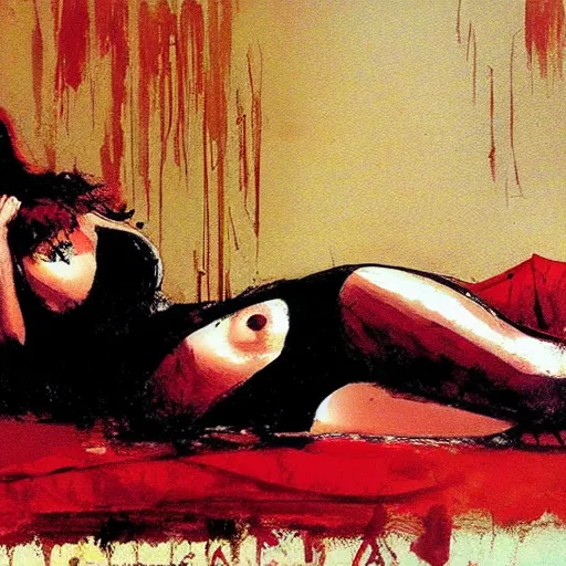 Image similar to gal godat in a noir hotel room by jeffrey catherine jones