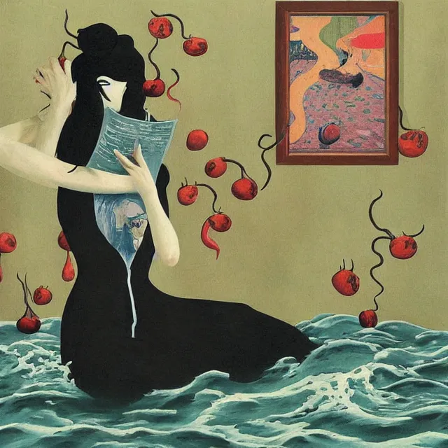 Image similar to tall female catgirl artist holding sheet music in her flooded apartment, pomegranates, octopus, water gushing from ceiling, painting of flood waters inside an artist's apartment, a river flooding indoors, mushrooms, ikebana, zen, rapids, waterfall, black swans, canoe, berries, acrylic on canvas, surrealist, by magritte and monet