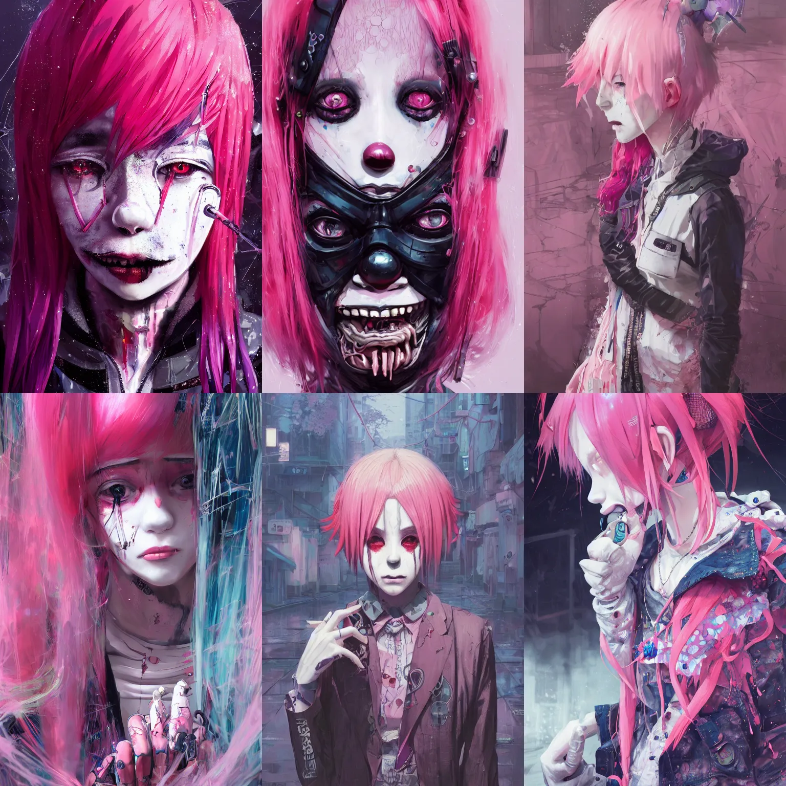 Image similar to by kyoto animation, very creepy clown girl pink hair, tears from the eyes, wearing cyberpunk intricate streetwear, beautiful, detailed portrait, intricate complexity, ilya kuvshinov, cell shaded, 4 k, concept art, by wlop, ilya kuvshinov, greg rutkowski, sharp focus, volumetric lighting, cinematic lighting