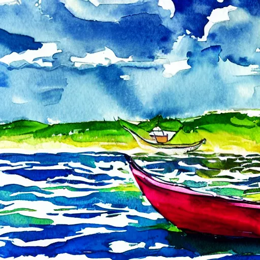 Image similar to a woman with a white dress and a white hat in a colorful boat in the middle of a river, watercolor, clouds, daylight, blue sky