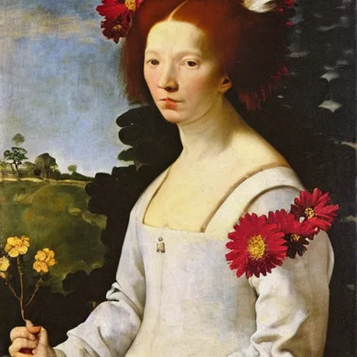 Image similar to “portrait of a redhair women with flowers over her head and a white dress, diego velazquez style, sharp focus, detailed”