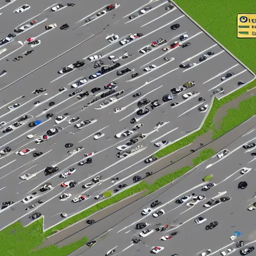 Image similar to top down map picture of a supermarket parking lot after a zombie attack, top down perspecrive