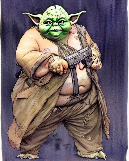 Image similar to a realistic and atmospheric watercolour fantasy character concept art portrait of a fat sleazy homeless chibi yoda wearing a wife beater and holding a handgun, by rebecca guay, michael kaluta, charles vess and jean moebius giraud