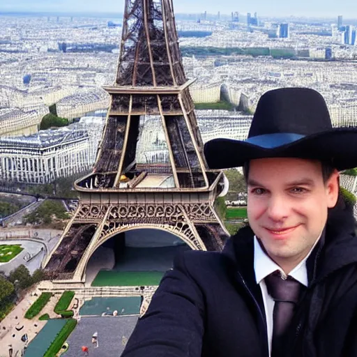 Prompt: wolfgang mozart taking a selfie in front on the eiffel tower, photo, high quality, intricate detail