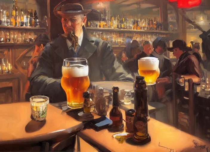 Image similar to greg manchess still life painting of a delicious mug of beer in a dieselpunk bar, organic painting, matte painting, bold shapes, hard edges, street art, trending on artstation, by huang guangjian and gil elvgren and sachin teng