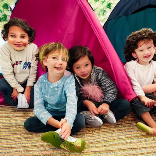 Prompt: kids in a tent made of feathers