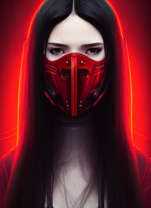 Prompt: portrait of long black hair girl within a red steel mask and techwear. cynical face, concept art, cyberpunk illustration, intricate, highly detailed 8 k, smooth, matte, sharp focus, rim light, beautiful and aesthetic shape of face and body, artgerm, artstation, art by gharliera and rinotuna and junpei