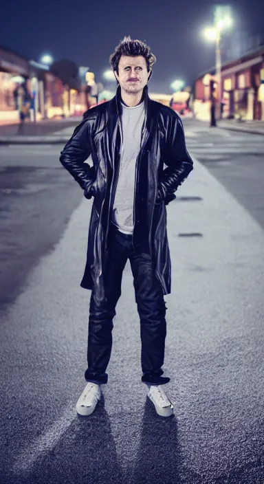 Image similar to Professional full body portrait of a dishevelled young man in a street at night. He is wearing a leather coat and he looks very tired and nervous. 4K, dramatic lighting