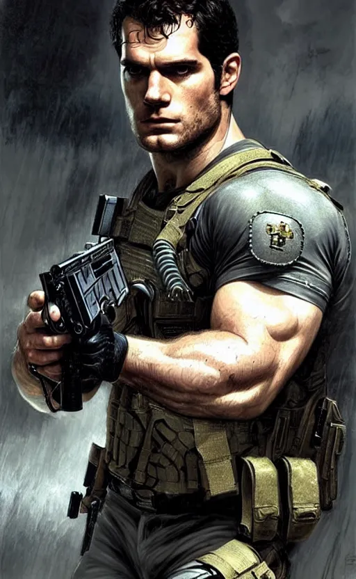 Image similar to portrait of henry cavill as chris redfield, resident evil, pistol, upper body, henry cavill!!!, fantasy, intricate, elegant, highly detailed, digital painting, artstation, concept art, smooth, sharp focus, illustration, art by artgerm and greg rutkowski and alphonse mucha