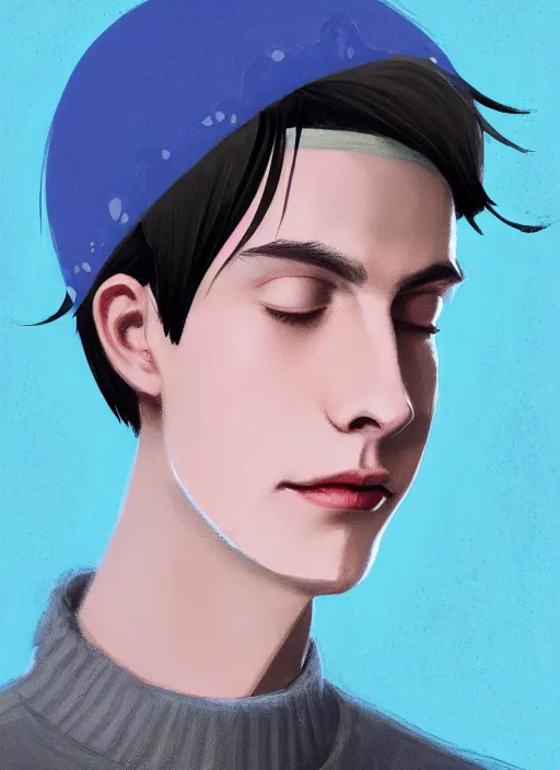 Image similar to portrait of teenage jughead jones wearing a light grey crown, crown, blue turtleneck, closed eyes, eyes closed, smile, crown, black hair, intricate, elegant, glowing lights, warm lighting, highly detailed, digital painting, artstation, concept art, smooth, sharp focus, illustration, art by wlop, mars ravelo and greg rutkowski