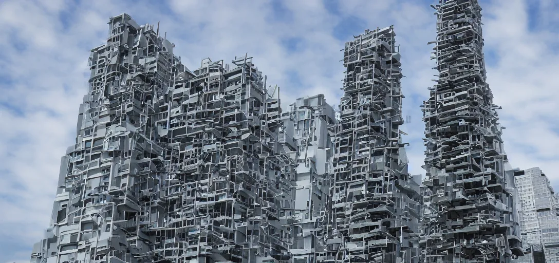 Prompt: towering keyboard synthesiser buildings