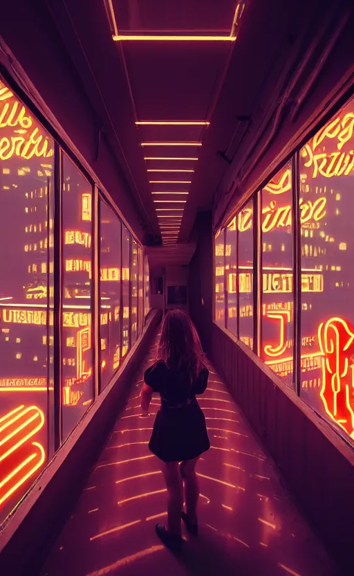 Prompt: vertical portrait of girl in 5 0's retro restaurant interior, neon - decorated urban on night in the city seen through the window, modern interior design, architectural design, vintage, night blade runner, dark, postapocalyptic, clean lines, 4 k, octane, asian futuristic city at distance, big windows, octane, wide angle