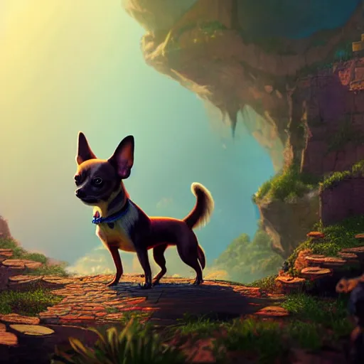 Image similar to an anthropomorphic chihuahua living in an extradimensional reality where it is a god, in the style of wlop, illustration, epic, fantasy, hyper detailed, smooth, unreal engine, sharp focus, ray tracing, physically based rendering, renderman, beautiful