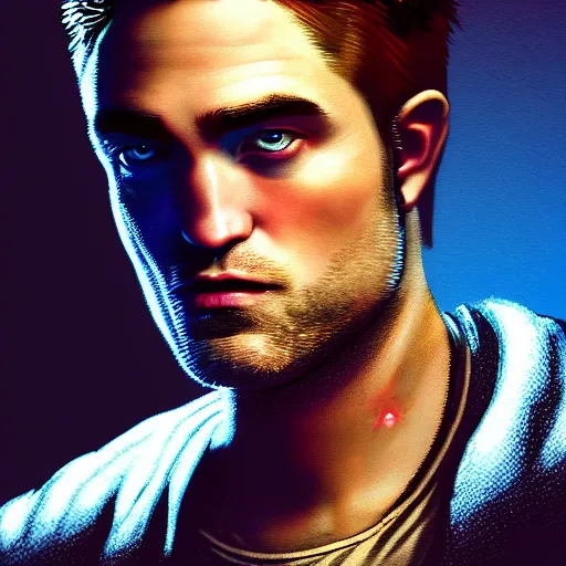 Image similar to robert pattinson portrait, Cyberpunk 2077, cyberpsycho, photorealistic, ultra detailed, neon, octane, bokeh, cyber, feature, scars, cyberface, 8k