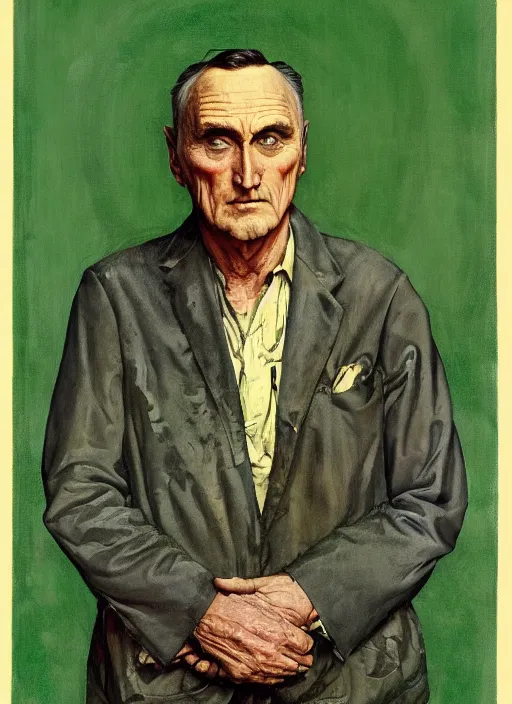 Prompt: full body and head portrait of dennis hopper in a dark and dingy apartment, painted by norman rockwell and tom lovell and everett raymond kinstler, green, dystopian