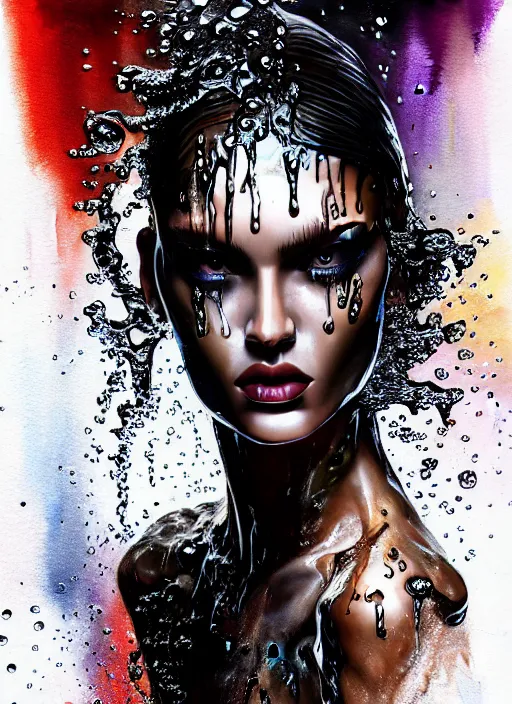 Prompt: fierce wet fashion model, splash, sweat skin, liquid metal dna, effervescent, black roses, poster art, high detail, intricate oil painting and watercolor, deep mood, hyperrealism, 3 d, in the style of irakli nadar,