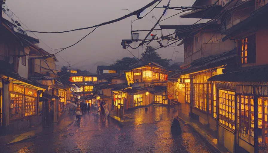 Prompt: a Wes Anderson 35mm film still of a very surreal magic small mountain town, like Kyoto, and Paris, golden hour, clean, falling cherry blossom pedals, in the style of Gucci, James Jean color palette, glowing warm lights and floating lanterns, foggy atmosphere, rainy, moody, muted colors, magic details, high detail, high resolution, 8k, cinematic look, octane render, psychedelic,
