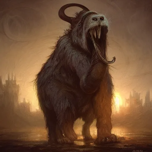 Image similar to “a giant rat in a creepy town getting attacked by a wooly mammoth, twilight, D&D, fantasy, intricate, cinematic lighting, highly detailed, digital painting, artstation, concept art, smooth, sharp focus, illustration, art by Artgerm and Greg Rutkowski and Alphonse Mucha”