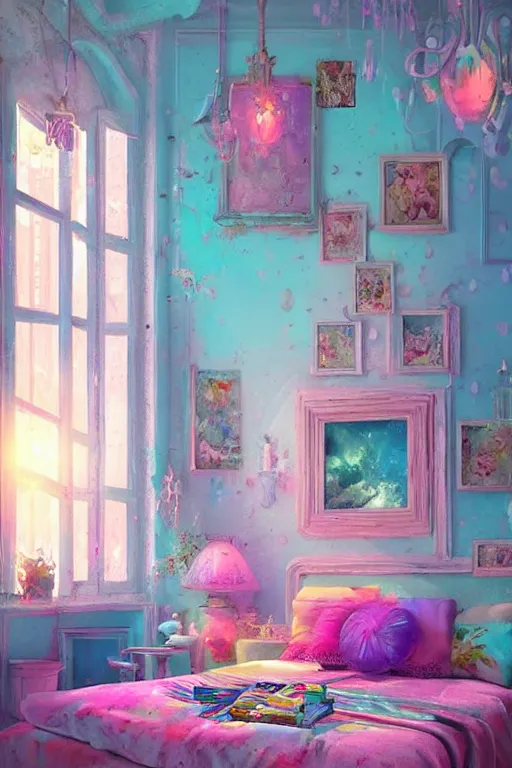 Image similar to hq sharp photo realistic shabby chic room with windows colorful atmospheric, lisa frank, greg rutkowski, artstation behance