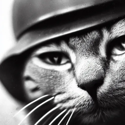 Image similar to close up of a cat wearing soldier helmet in the battle, ww2 historical photography, black and white