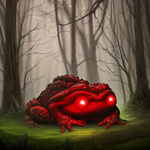 Image similar to giant evil monsterous slimy toad in the dark forest, glowing red eyes, slimy toads, dark night, midnight, foggy, atmospheric, highly detailed, hyperrealistic, gothic horror, trending on artstation, digital art, dark fantasy