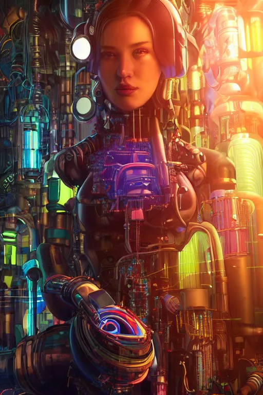 Image similar to portrait of humongous cyberpunk female android, symmetric, body full glowing vacuum tubes, realistic digital art, 3 d render of futuristic steampunk generators inside a huge steampunk engine, 8 k, fluorescent colors, halluzinogenic, multicolored, exaggerated detailed, unreal engine, by moebius