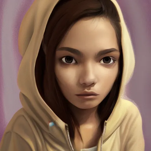 Image similar to young Latin girl with a beige hoodie, shy, focus on face, still, photograph, digital painting, trending on artstation, masterpiece, in the style of JB Casacop, pixar