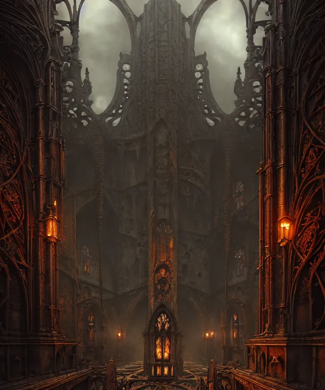 Image similar to steam necropolis, memento mori, gothic, neo - gothic, art nouveau, hyperdetailed copper patina medieval icon, stefan morrell, philippe druillet, ralph mcquarrie, concept art, steampunk, unreal engine, detailed intricate environment, octane render, moody atmospherics, volumetric lighting, ultrasharp, ominous, otherworldly