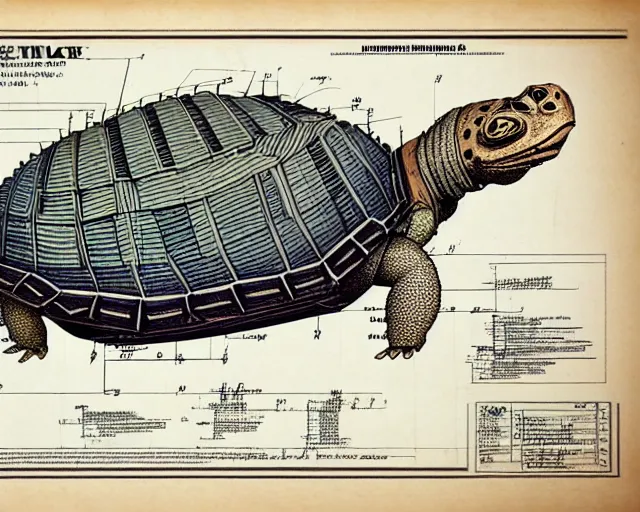 Prompt: a full page of a mechanical blueprint showing a cutaway design for a mechanized tortoise from howl's moving castle ( 2 0 0 4 ), with a big head, muted colors, post grunge, studio ghibli, hq,