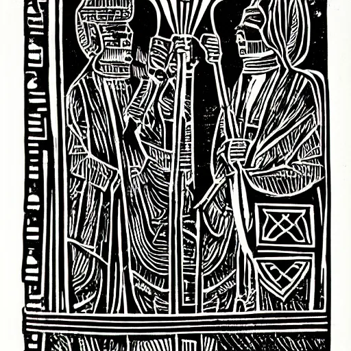 Image similar to monarchy as thieves, african lino cut, high contrast