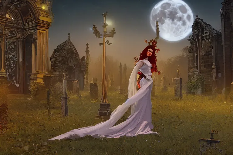 Image similar to an ultra detailed animation of a bride a graveyard at midnight on halloween, digital art, dark fantasy, concept art, soulslike, by alphonse mucha, blood moon eclipse, ruined building in the background, artstation, 8 k, unreal engine render