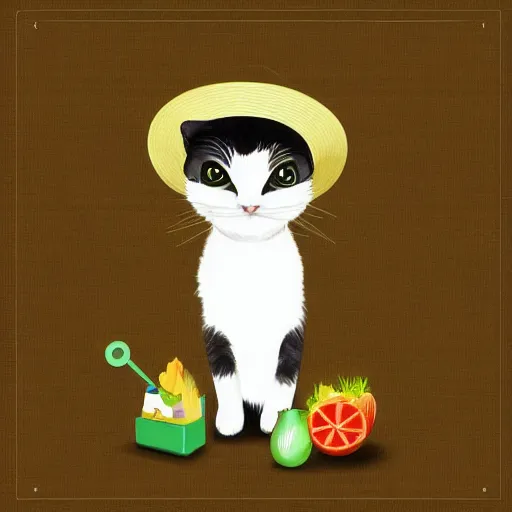 Image similar to cute cat with a straw hat and a pitchfork digital art