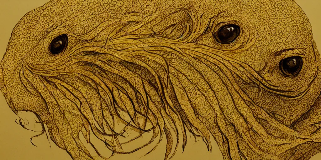 Image similar to realistic portrait of beautiful hydra, golden, delicate, facing camera, hyper realism, 1 4 5 0, ink, ultra realistic, 8 k