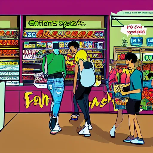 Prompt: teens visiting groceries store artwork by z toon comics