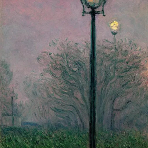 Image similar to A lamppost by Simon Stålenhag and Claude Monet