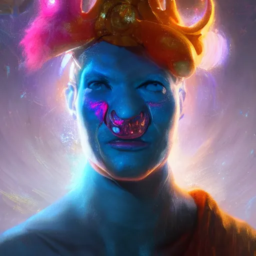 Image similar to Portrait of DMT Hyperspace Jester, huggy wuggy from poppy playtime video game, fullbody, ultra high detailed, oil painting, Greg Rutkowski, Charlie Bowater, Yuumei, Yanjun Cheng, unreal 5, DAZ, hyperrealistic, octane render, RPG portrait, dynamic lighting, fantasy art, beautiful face