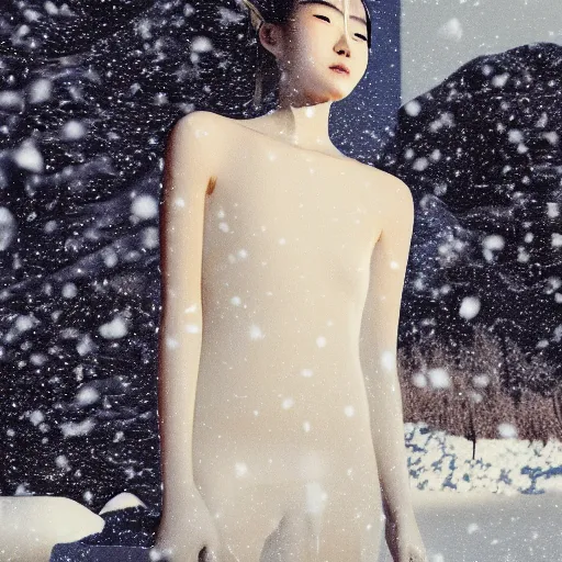 Prompt: a instax photo of fuji mountain, a tall japanese girl in a transparent sheer fabric dress against the background of fuji mountain, severe snow, full body shot, perfect symmetrical body, perfect symmetrical face, coherent symmetrical eyes, hyperrealistic, hyperdetailed, octane render, 8 k