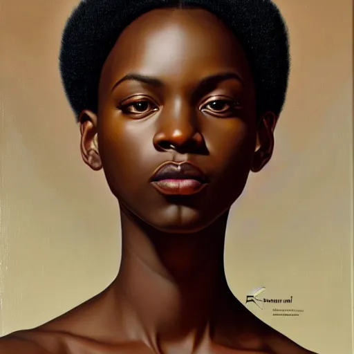 Prompt: A portrait of a thick powerful and gorgeous non-binary person, dark black skin tone, oil painting by Kehinde Wiley, majestic, detailed, high resolution