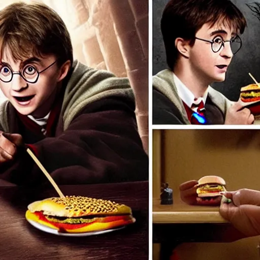 Image similar to Harry Potter eating a cheeseburger, photo realistic, award-winning, highly-detailed, epic, cinematic, dramatic