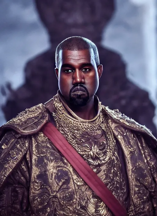 Image similar to kanye west as emperor napoleon in elden ring, splash art, movie still, cinematic lighting, dramatic, octane render, long lens, shallow depth of field, bokeh, anamorphic lens flare, 8 k, hyper detailed, 3 5 mm film grain