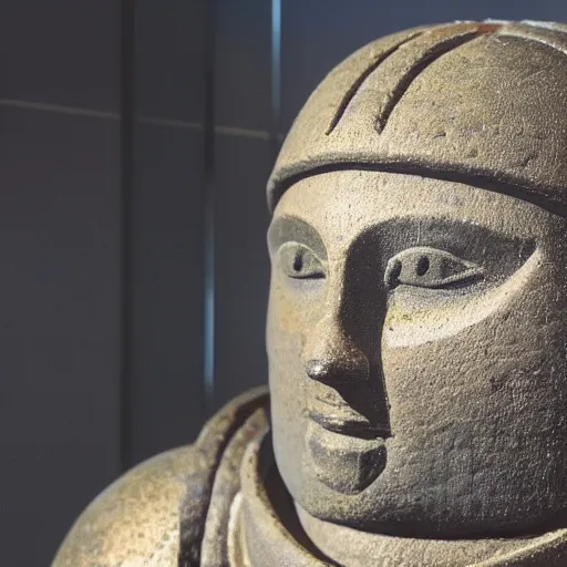 Image similar to futuristic ancient astronaut arrived through a portal, ancient statue in museum