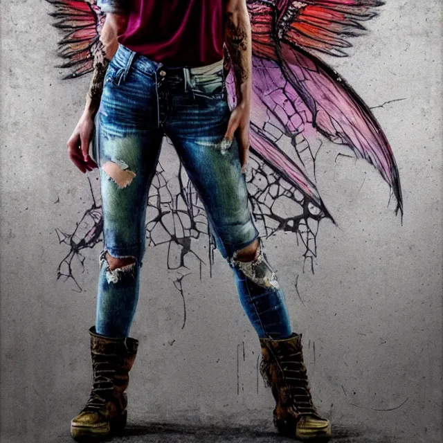 Image similar to full body pose, beautiful adult anarchy fairy, torn shirt, jeans, dirty, grungy, grunge, highly detailed, 4 k, hdr, smooth, sharp focus, high resolution, award - winning photo, artgerm, photorealistic