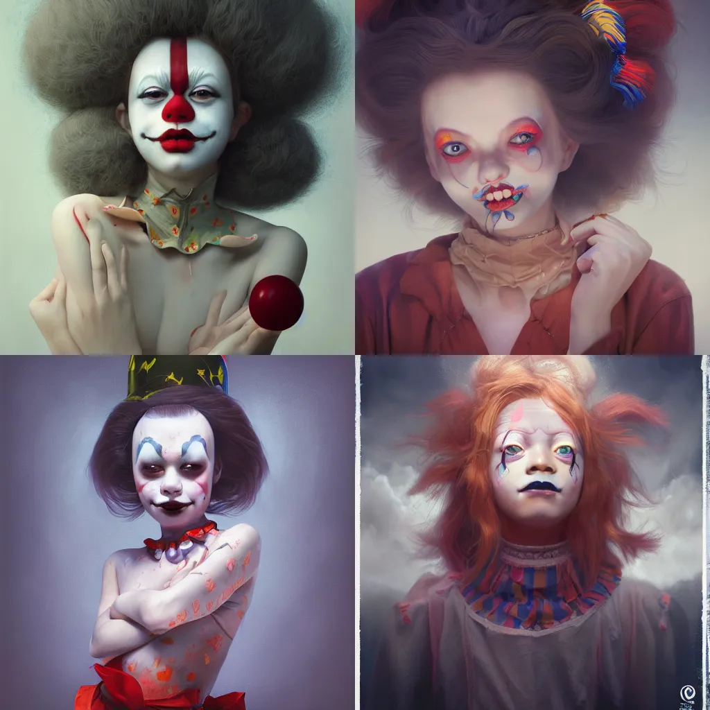 Image similar to breathtaking detailed painting of clown girl , with anxious, piercing eyes, Atari game cover art by Hsiao-Ron Cheng, James jean, Miho Hirano, Hayao Miyazaki, extremely moody lighting, hyperrealistic, octane render, RPG portrait, ambient light, dynamic lighting