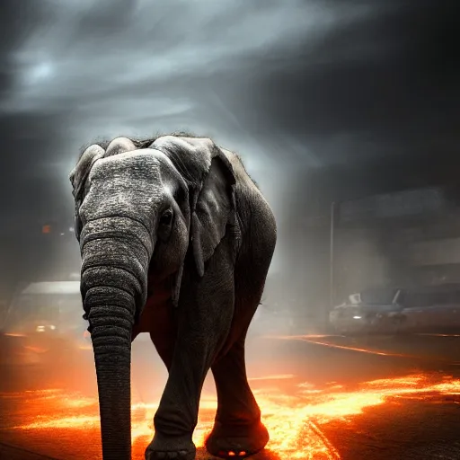 Image similar to apocalyptic, a terminator elephant walking on the future street. smoke. volumetric lighting, sharp focus, ultra detailed, cgsociety - w 1 0 2 4 - n 8 - i