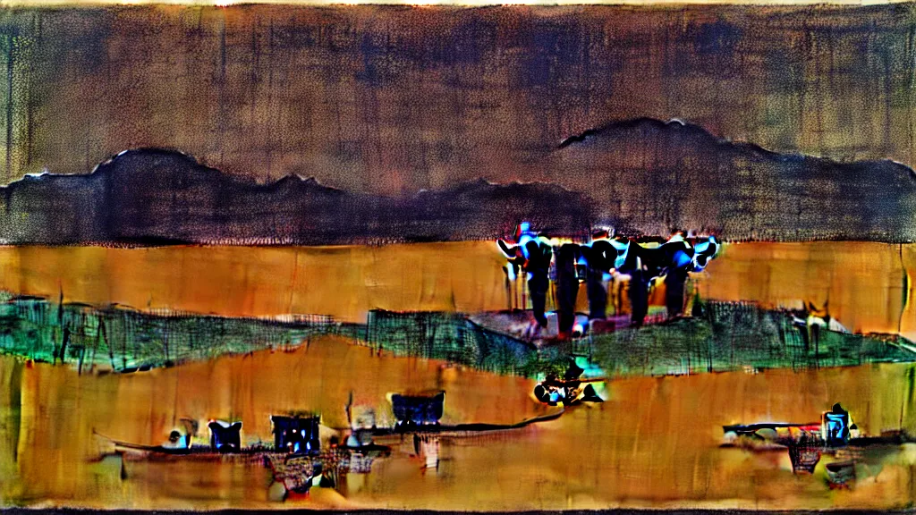 Image similar to a chinese prison near a river by peter doig, muted colors