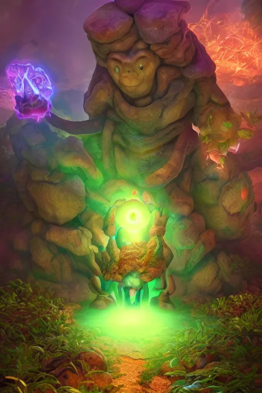 Image similar to arcane fantasy art giant golem elemental wood rock bastion forged gemstone enchanted forest troll, global illumination ray tracing hdr fanart arstation by sung choi and eric pfeiffer and gabriel garza and casper konefal lisa frank zbrush central hardmesh radiating a glowing aura